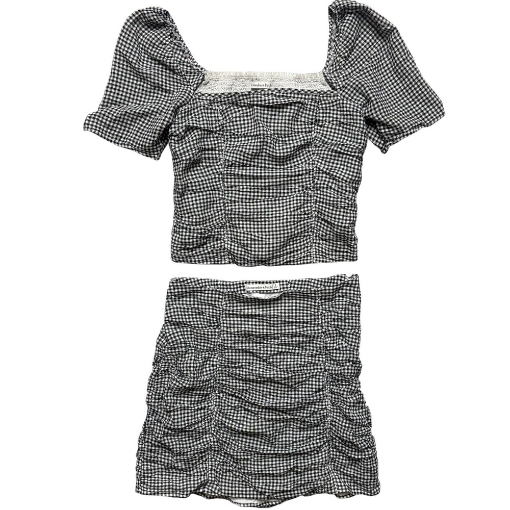 Abercrombie & Fitch 2 Piece Set Womens S Black Gingham Crop Top Ruched Skirt